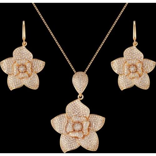 Zlxgirl jewelry New arrival brand rose flower pendant and earring jewelry sets for women couple gifts zircon cooper necklace set