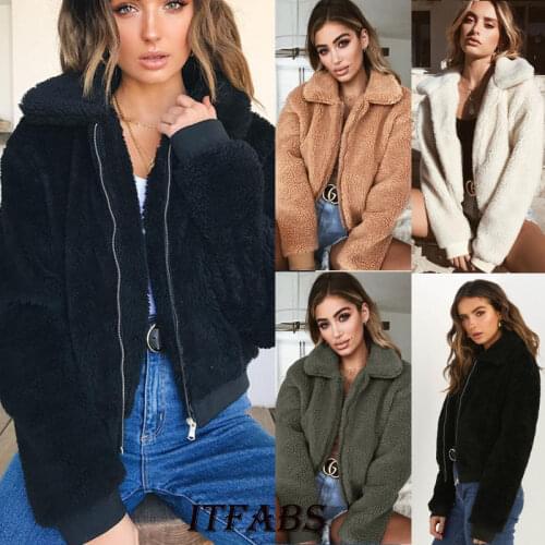 Autumn New Fashion Zip Up Punk Loose Outwear Coats Women Winter Warm Teddy Bear Long Sleeve Fleece Jackets Croped Tops