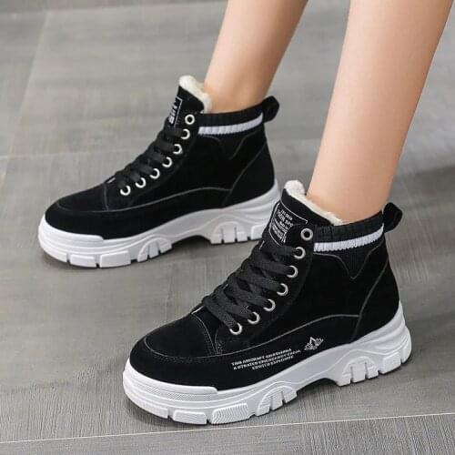 2021 Women Vulcanized Shoes Womens Winter Plush Warm Sneakers Ladies Lace-Up Comfort Platform Shoes Female Causal Flat