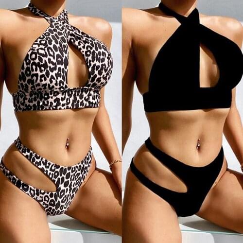 Womens New Split Swimsuit Sexy Leopard Print Beach Bikini Printed Hollow Bandage Bikini B209 Maldives Sun Beach Bathing