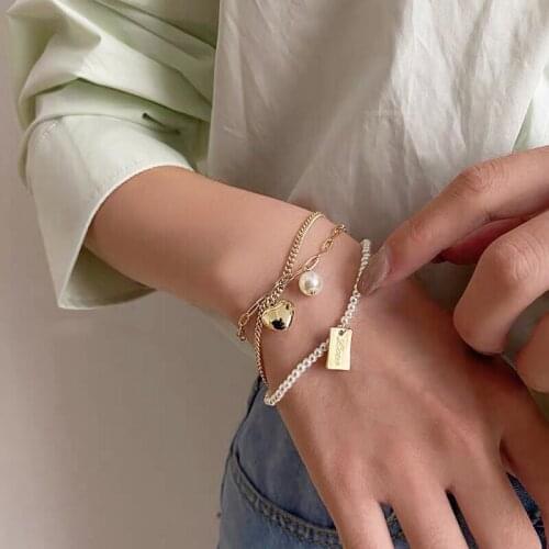 Vintage Pearl Alloy Pendant Thick Chain Bracelet Women Charm Heart Shaped Imitation Pearl Fashion Bangle Party Jewelry Gift