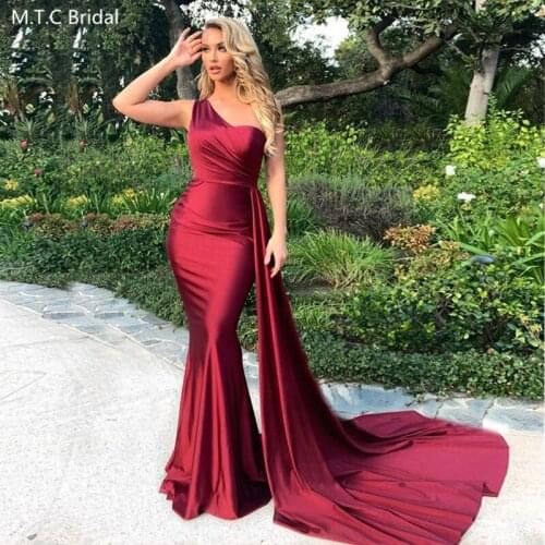 Burgundy Long Mermaid Sexy Prom Dresses One Shoulder Backless Satin Formal Dress Plus Size Wedding Party Gowns Robe De Soiree