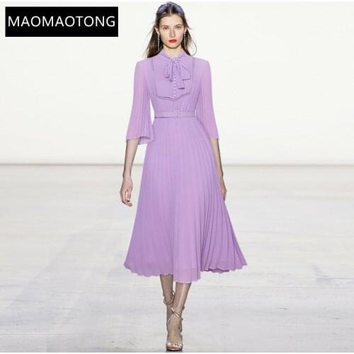 Womens Clothing Designer Summer Elegant Purple Pleated Dress Women Bow Tie Flare Sleeve Sashes Chiffon Midi Dress Vestidos