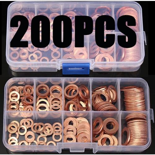 200Pcs Car Engine Oil Pen Gasket Copper Washer Gasket Sealing Ring Solid Gasket Nut Bolt Assortment Sump Plug Washer Set 9 Sizes