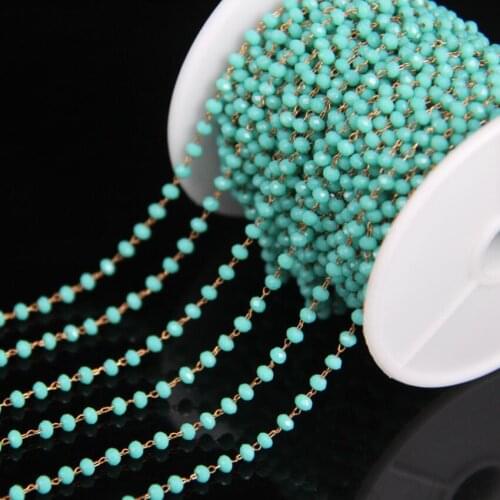 5meters,Turquoises Blue Glass Rosary Chain,Crystal Faceted Rondelle Link Brass Wire Wrapped Chain,DIY Necklace Jewelry Crafts