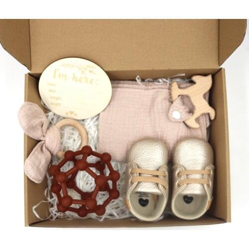 5 PCS baby pu leather shoes leopard silicone teether ball cotton newborn shower gift set