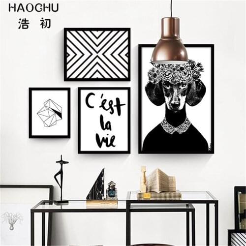 HAOCHU Abstract Black and White Letters Diamond Heart Dog Math Graphic Circular Cube Canvas Wall Paintings Home School Bar Decor