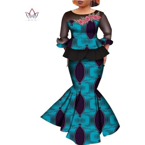 African Dashiki Print Dress Crop Tops&Skirt Set Party Wedding Long Sleeve Dress African Women Clothing Long Skirt Set WY4575