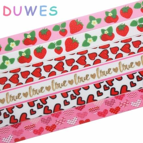 DUWES 50yards valentine heart love strawberry printed grosgrain Ribbon Accessory hairbow headwear decoration Wholesale OEM D1036