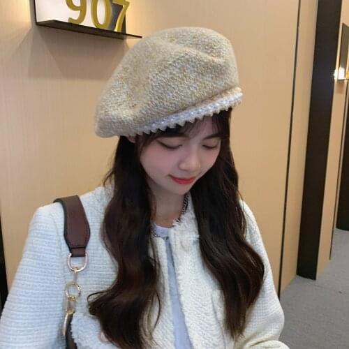 2021 winter fashion Womens wool knitted beret Girls with pearl Vintage Hat Winter Autumn Wool hat cap adjustable