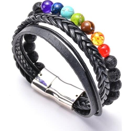 Cuff Lava Stone 7 Chakra Bracelet Jewelry Handmade Natural Stone Leather Wrap Bracelet for women men Couples Bracelets Gifts