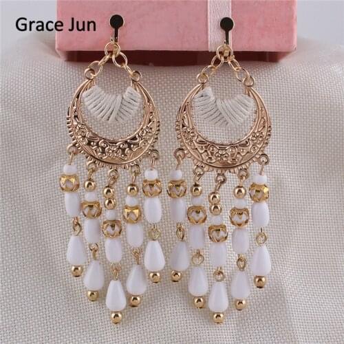 Grace Jun 8 Colors Choose Bohemian Style Resin Bead Clip on Earrings Non Piercing for Women Vintage Elegant Big Pierced Earrings