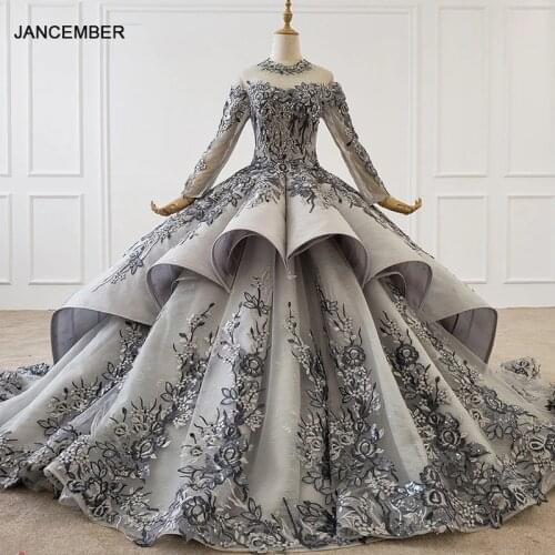 HTL1199 New Long Elegant Evening Dress 2020 Long Sleeve High Neck Applique Crystal Lace Up Back Sequined