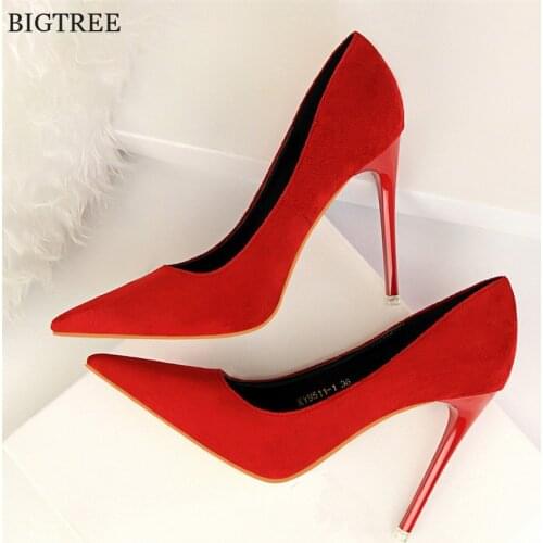 6 Colors Concise Ladies Office Shoes 2021 Red Wedding Shallow Women Pumps Solid Flock Pointed Toe Fashion High Heels Shoes Woman
