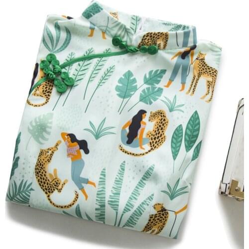 Summer cheongsam young girl Green forest leopard and woman Chinese style dress