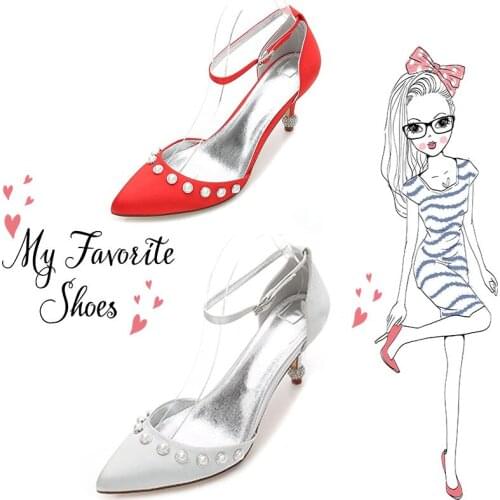 Marhermoso Women Pums Satin Ladies Evening Shoes Pointed Toe Working Shoes Ankle Strap Wedding Shoes White Bride Reception Shoes