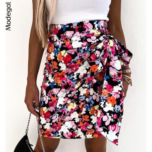 Modegal Womens Summer Floral Print Wrap Skirts High Waisted Side Tie Irregular Boho Beach Short Skirt Bodycon