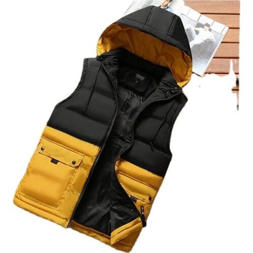 2022 Mens Casual Thickening Slim-Fit Hood Hooded Vest Youth Color Stitching Stand-Collar Autumn and Winter Warm Vest
