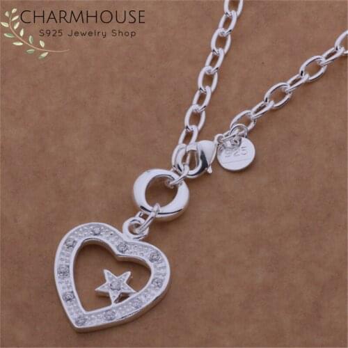 New Fashion 925 Solid Silver Necklaces For Women Heart & Star Pendant Necklace Link Chain Wedding Bridal Jewelry Accessories