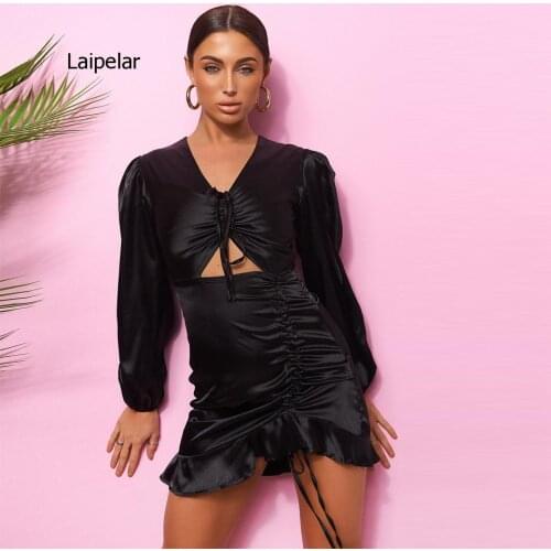 Sexy Summer Autumn Irregular Drawstring Pleated Nightclub Party Hollow Out Short Women Dress