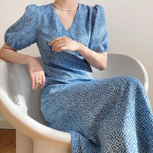 Mid-length Blue Floral Dress Women Elegant Korean High waist V-neck Puff-sleeve Chiffon Dress Vestido Summer Ladies Midi Dresses
