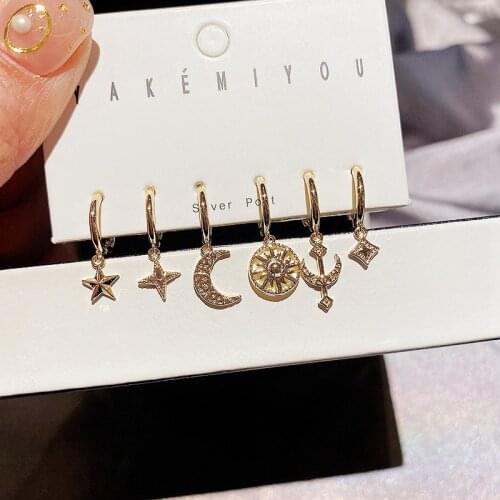 MIGGA 6pcs Mix Gold Color Celestial Bodies Hanging Drop Earrings for Women Sun Moon Star Earrings Jewelry