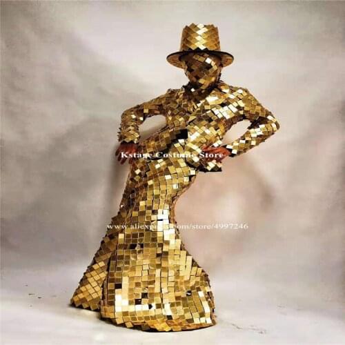 RE77 Gogo long sleeve gold mirror dance costume bar catwalk performance mirror dress women robot suit wears disco outfit mirror