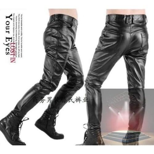 Spring and autumn fashion tight leather pants men patchwork PU motorcycle trousers pantalones hombre cargo pants for men black