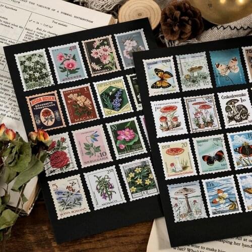 Yoofun 46pcs/pack Vintage Stickers Postage Stamp Sticker Retro Museum Flower Plants Castle Label for Scrapbooking Journal DIY