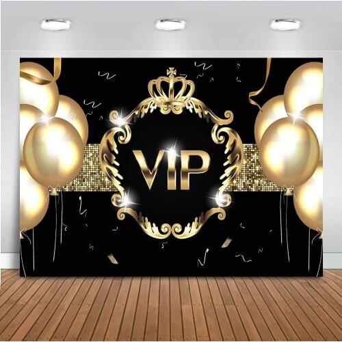 VIP Birthday Backdrop 7x5ft Gold Black Birthday Party Decoration Golden Balloon Royal Crown Party Background Glitter VIP