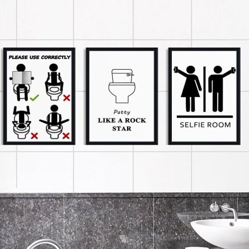Funny Toilet Rules Sign Mural Canvas Painting Wall Art Modern Black White Posters and Prints Humour Pictures Bathroom Home Decor