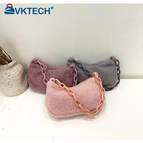 Women Fashion Acrylic Chain Plush Solid Color Shoulder Underarm Bag Ladies Casual Small Purse Handbags