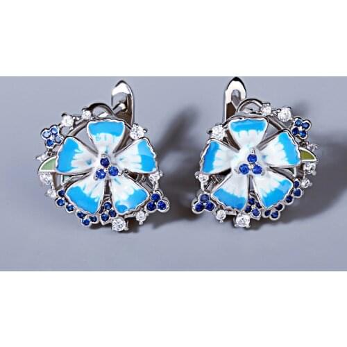 Silver Earrings for Women Pure 925 Sterling Silver Blue Flower Trendy Gift Party Fine Jewelry Handmade Enamel Earings Studs