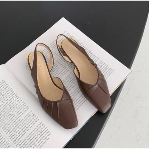 Big Size 35-43 Women Sandals Square Toe Slip on Shoes Low Heels Dress Shoes Pleated Slingback Ol Office Zapatos Mujer 9296L