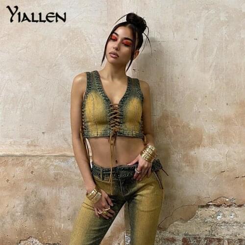 Yiallen Summer New Ladies Denim Tie-up Vest 2021 Fashion Splicing Casual Tight-fitting Short Top Comfortable Soft Denim Jacket