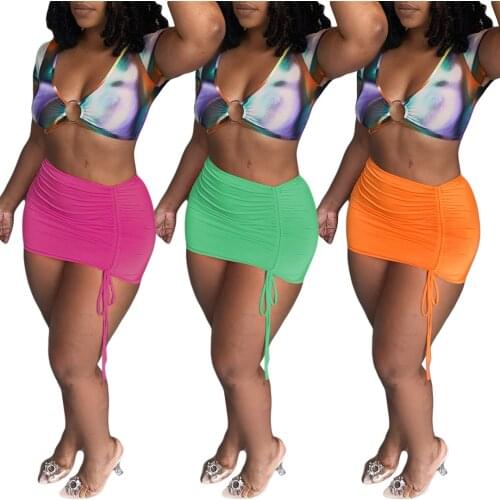 2021 Summer Women Two Piece Set Skirt Set Colorful Drawstring Crop Top And Mini Dress Party Night Clubwear Matching Suit