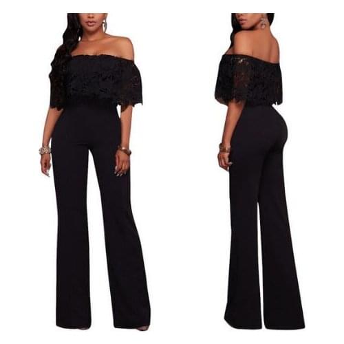1 piece Slash Neck Off Shoulder Lace Jumpsuit Women Fashion Elegant OL Overalls Wide-leg Pants Long Romper Plus Size