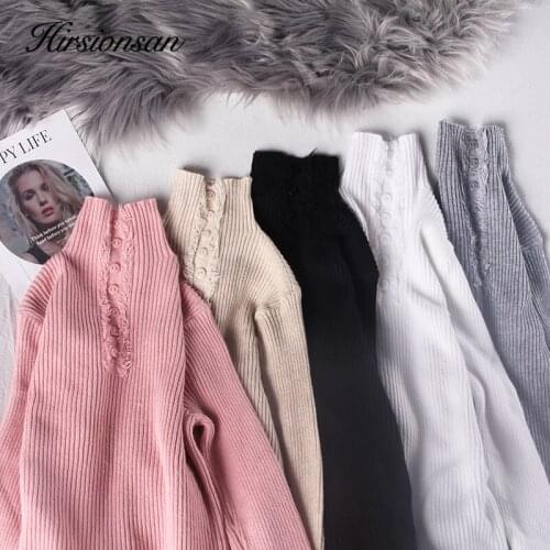 Hirsionsan Striped Turtleneck Sweater Women Solid Winter Button Knitted Pink Pullovers Female Casual Slim soft Jumper Cheap Tops