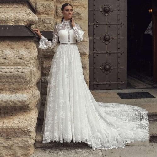 Thinyfull 2021 High Neck Long Sleeve Lace Wedding Dresses Hollow Back A Line Bride Dresses Vestido De Novia 2020