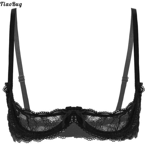 Women See Through Sheer Lace Lingerie Adjustable Spaghetti Shoulder Straps 1/4 Cups Push Up Underwire Bra Tops