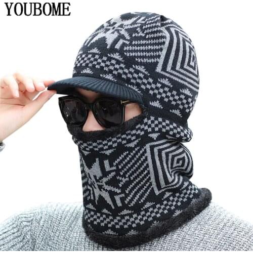 YOUBOME Winter Skullies Beanies Hat Men Winter Knitted Hat Beanies For Men Women Scarf Print Warm Neck Thick Male Ring Hat Cap