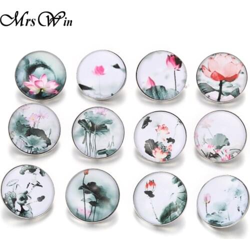 10pcs/lot Mixed 18mm Glass Snap Buttons Jewelry Chinese Lotus Flower Ginger Print Glass Cabochon Fit 18mm Snap Bracelet Bangles