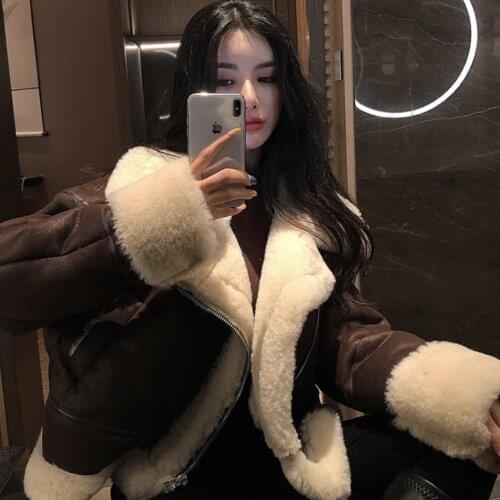 2021 Winter Thicken Imitation Lambswool Short Jackets Womens Plus Velvet Motorcycle Clothing Vintage Leather Coats Ropa Mujer