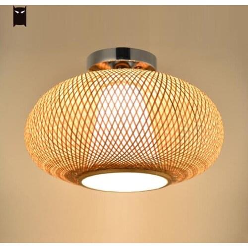 Bamboo Wicker Rattan Shade Flush Mount Ceiling Light Fixture Japanese Asian Rustic Plafon Lamp Bedroom Kitchen Hallway Balcony