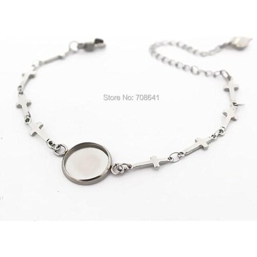 Stainless Steel Cross Link Chain Bracelet with Round Smooth Bezel Blanks Resin Cabochons Bases Bracelet Settings DIY Findings