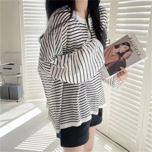 Alien Kitty Autumn Oversize All Match Casual Chic Full Sleeves 2021 Femme Striped Hot Tee New Loose Fashion Women Tops T-shirts