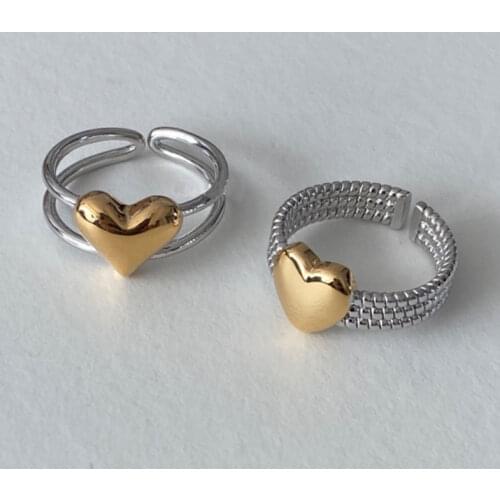 HUANZHI 2021 New Metal Double Layer Golden Silver Color Contrast Hollow out Love Ring for Women Girl Party Trendy Cool Jewelry