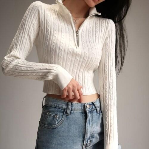 Stand Collar Zipper Short Slim Woman Knitted Sweaters Long Sleeve High Waist Twist Women Knitwear Solid Color Cropped Tops