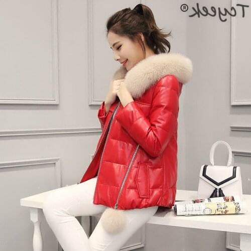 Genuine Leather Jacket Women Winter Down Parkas Female Natural Sheepskin Coat Real Fox Fur Hooded Short Outwear LWL1212