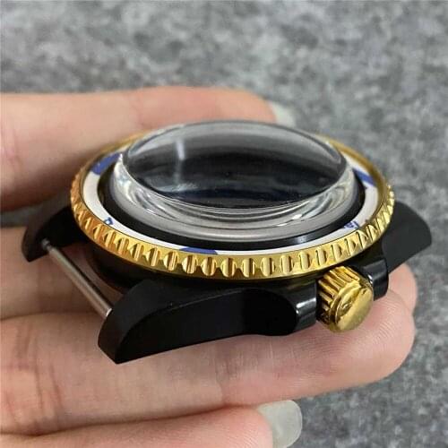 Men Diving Case 40mm Black Gold Shell Sapphire Convex Looking Glass For NH35/NH36 Movement Matching 20mm Band
